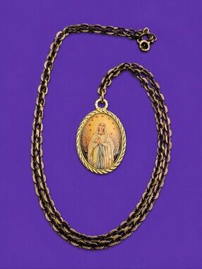 Vintage Our Lady Of Lourdes Protection Medallion Chain Necklace
